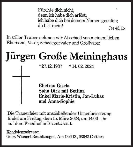 Traueranzeige von Jürgen Große Meininghaus von Siegener Zeitung