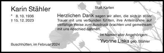 Traueranzeige von Karin Stähler von Siegener Zeitung