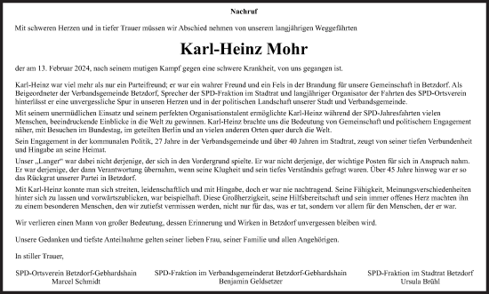 Traueranzeige von Karl-Heinz Mohr von Siegener Zeitung