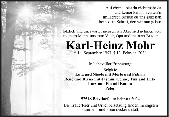 Traueranzeige von Karl-Heinz Mohr von Siegener Zeitung