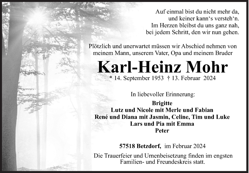  Traueranzeige für Karl-Heinz Mohr vom 16.02.2024 aus Siegener Zeitung