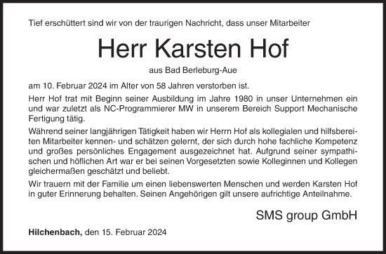 Traueranzeige von Karsten Hof von Siegener Zeitung