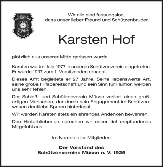 Traueranzeige von Karsten Hof von Siegener Zeitung