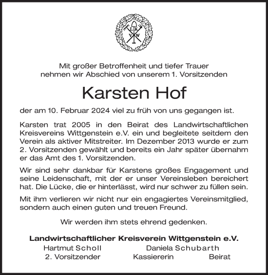 Traueranzeige von Karsten Hof von Siegener Zeitung