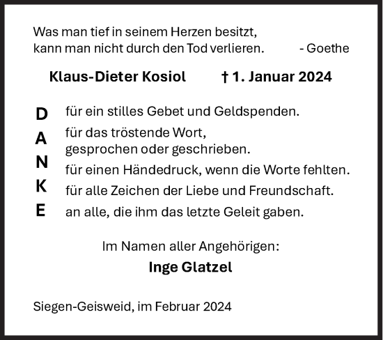 Traueranzeige von Klaus-Dieter Kosiol von Siegener Zeitung