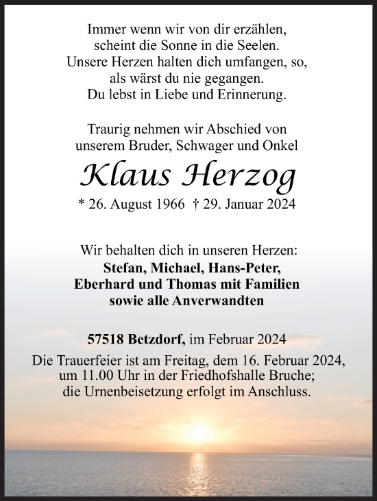Traueranzeige von Klaus Herzog von Siegener Zeitung