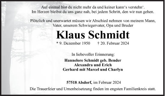 Traueranzeige von Klaus Schmidt von Siegener Zeitung