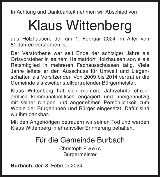 Traueranzeige von Klaus Wittenberg von Siegener Zeitung