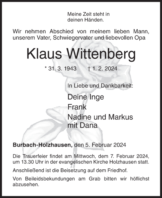 Traueranzeige von Klaus Wittenberg von Siegener Zeitung