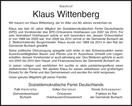 Traueranzeige von Klaus Wittenberg von Siegener Zeitung