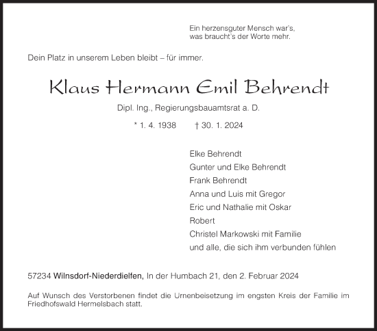 Traueranzeige von Klaus Hermann Emil Behrendt von Siegener Zeitung