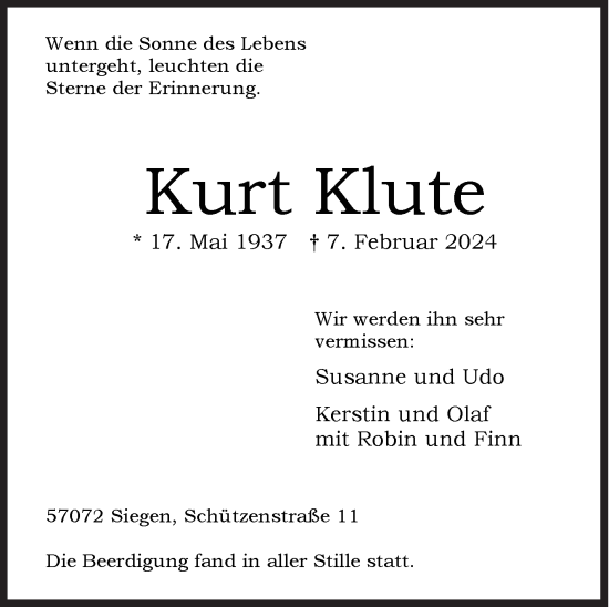 Traueranzeige von Kurt Klute von Siegener Zeitung