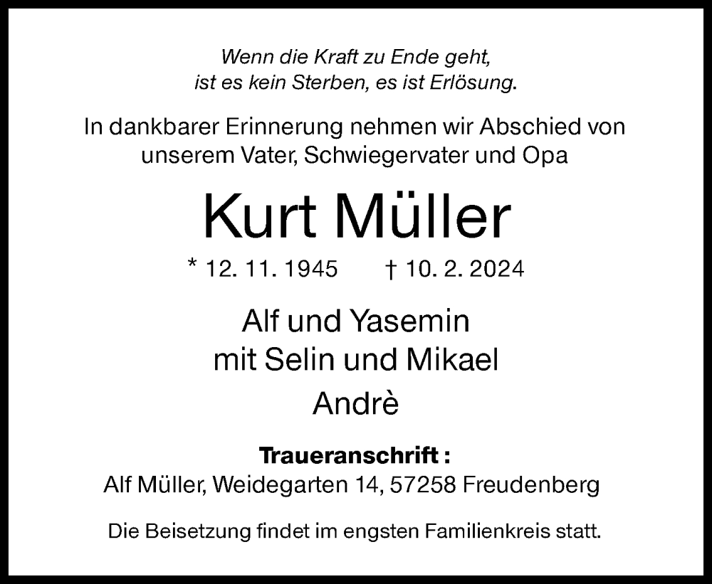  Traueranzeige für Kurt Müller vom 17.02.2024 aus Siegener Zeitung