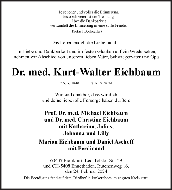 Traueranzeige von Kurt-Walter Eichbaum von Siegener Zeitung