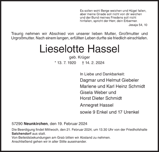 Traueranzeige von Lieselotte Hassel von Siegener Zeitung