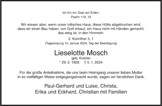 Traueranzeige von Lieselotte Mosch von Siegener Zeitung