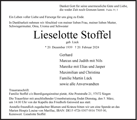 Traueranzeige von Lieselotte Stoffel von Siegener Zeitung