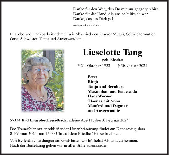 Traueranzeige von Lieselotte Tang von Siegener Zeitung