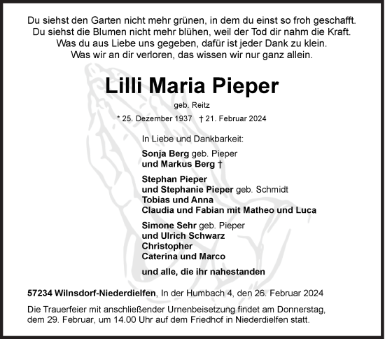 Traueranzeige von Lilli Maria Pieper von Siegener Zeitung