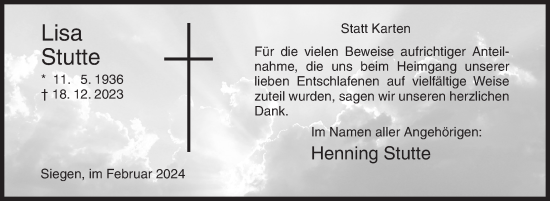 Traueranzeige von Lisa Stutte von Siegener Zeitung