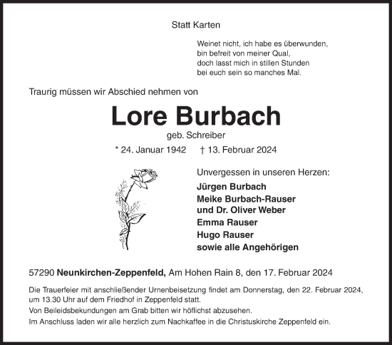 Traueranzeige von Lore Burbach von Siegener Zeitung