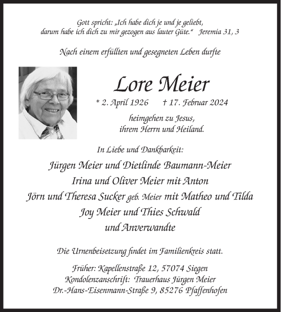 Traueranzeige von Lore Meier von Siegener Zeitung