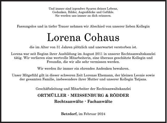 Traueranzeige von Lorena Cohaus von Siegener Zeitung