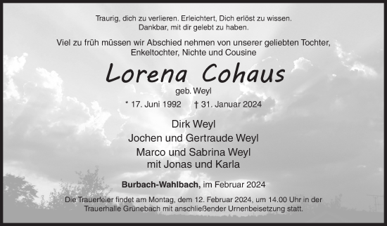 Traueranzeige von Lorena Cohaus von Siegener Zeitung