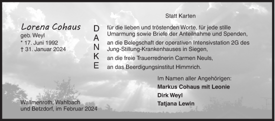 Traueranzeige von Lorena Cohaus von Siegener Zeitung