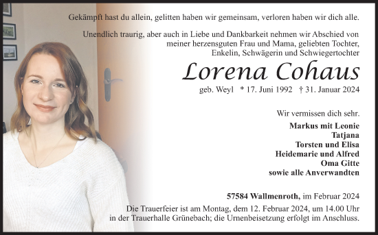 Traueranzeige von Lorena Cohaus von Siegener Zeitung