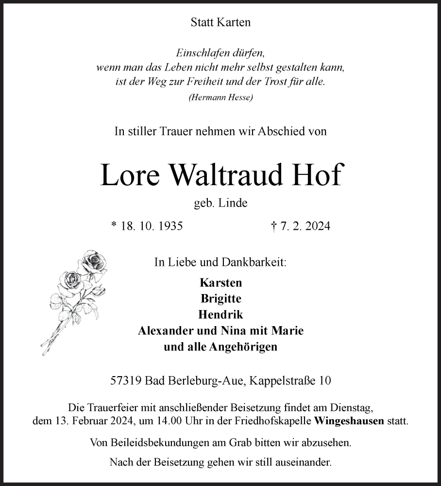  Traueranzeige für Lore Waltraud Hof vom 10.02.2024 aus Siegener Zeitung