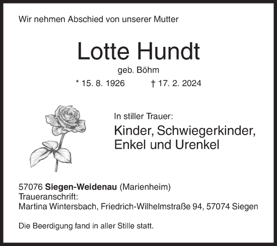 Traueranzeige von Lotte Hundt von Siegener Zeitung