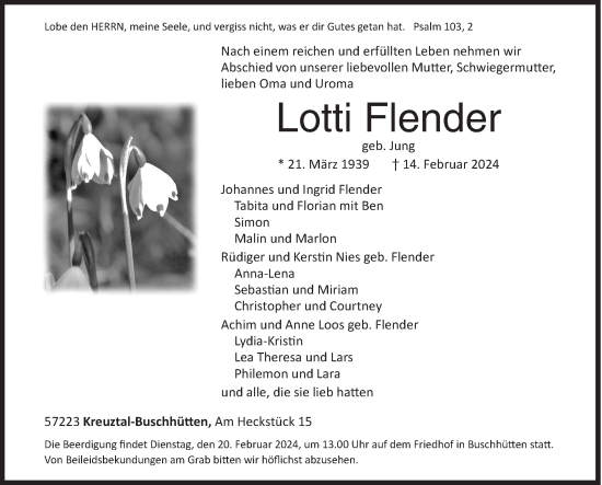 Traueranzeige von Lotti Flender von Siegener Zeitung