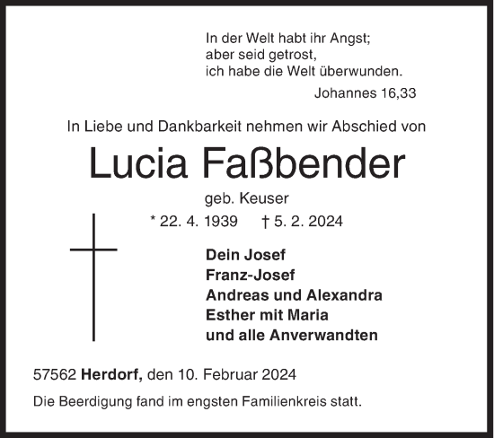 Traueranzeige von Lucia Faßbender von Siegener Zeitung