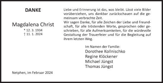 Traueranzeige von Magdalena Christ von Siegener Zeitung