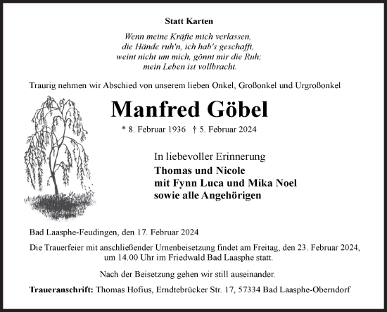 Traueranzeige von Manfred Göbel von Siegener Zeitung