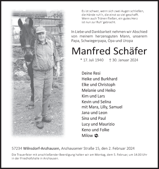 Traueranzeige von Manfred Schäfer von Siegener Zeitung