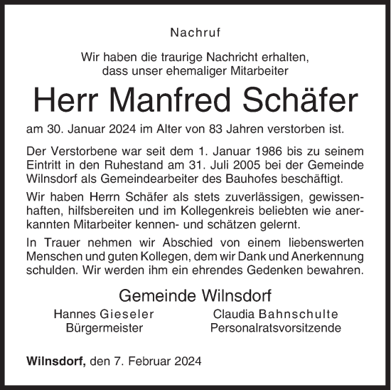 Traueranzeige von Manfred Schäfer von Siegener Zeitung