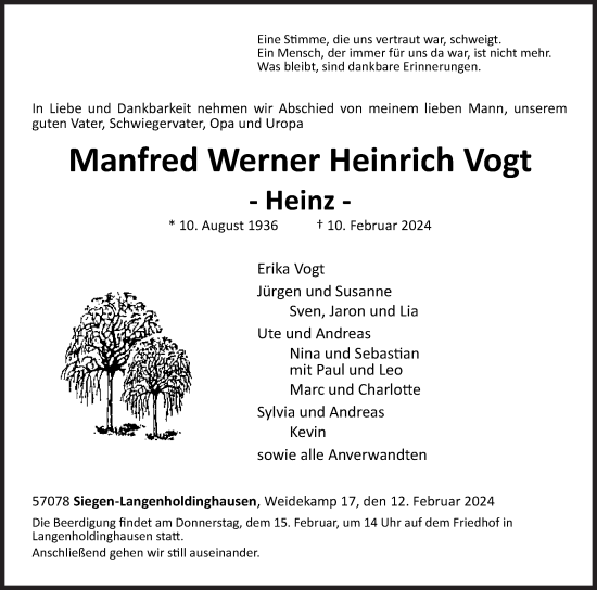 Traueranzeige von Manfred Werner Heinrich Vogt von Siegener Zeitung