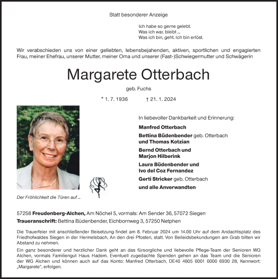 Traueranzeige von Margarete Otterbach von Siegener Zeitung