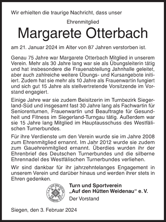Traueranzeige von Margarete Otterbach von Siegener Zeitung