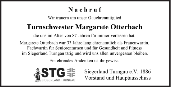 Traueranzeige von Margarete Otterbach von Siegener Zeitung
