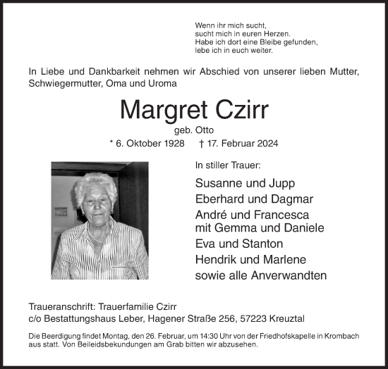 Traueranzeige von Margret Czirr von Siegener Zeitung