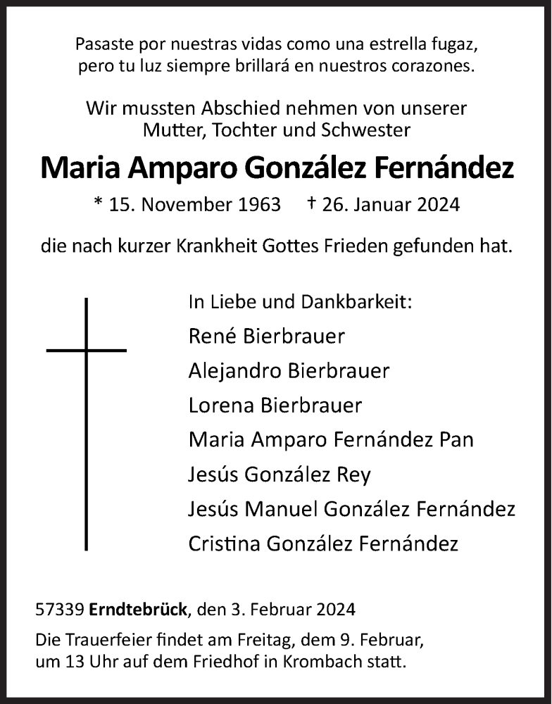  Traueranzeige für Maria  Amparo Gonzalez Fernandez vom 03.02.2024 aus Siegener Zeitung