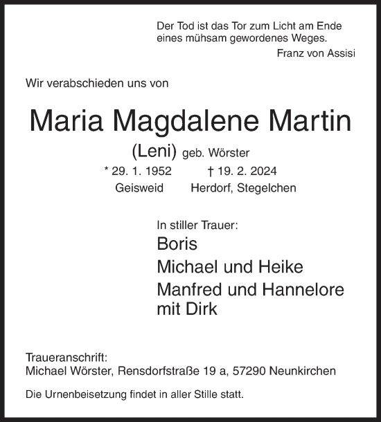 Traueranzeige von Maria Magdalene Martin von Siegener Zeitung