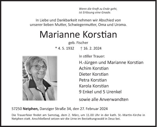 Traueranzeige von Marianne Korstian von Siegener Zeitung