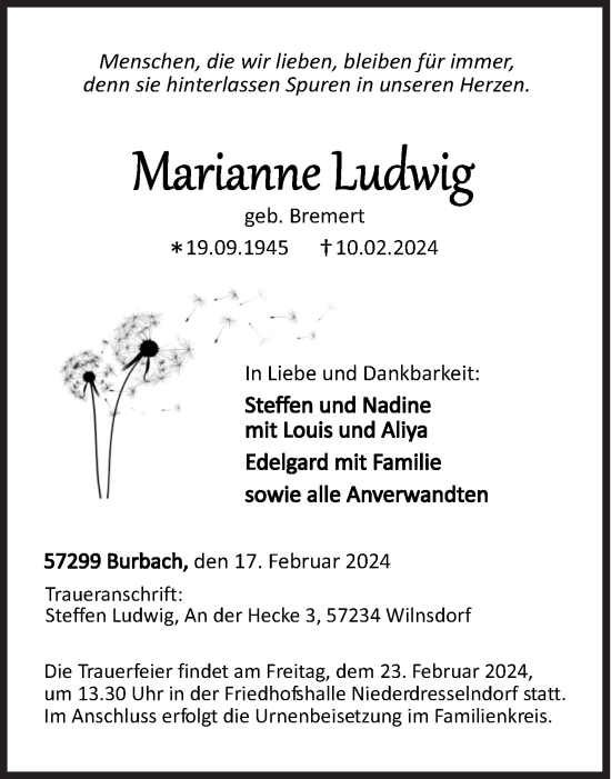 Traueranzeige von Marianne Ludwig von Siegener Zeitung