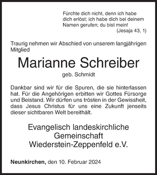 Traueranzeige von Marianne Schreiber von Siegener Zeitung