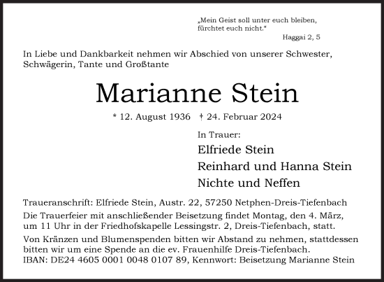 Traueranzeige von Marianne Stein von Siegener Zeitung