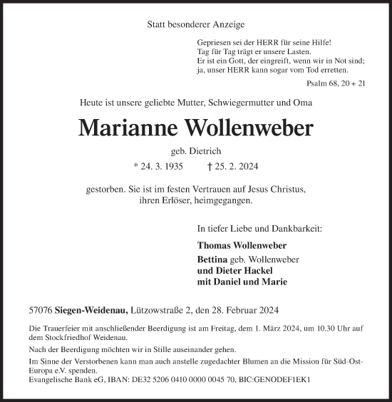 Traueranzeige von Marianne Wollenweber von Siegener Zeitung
